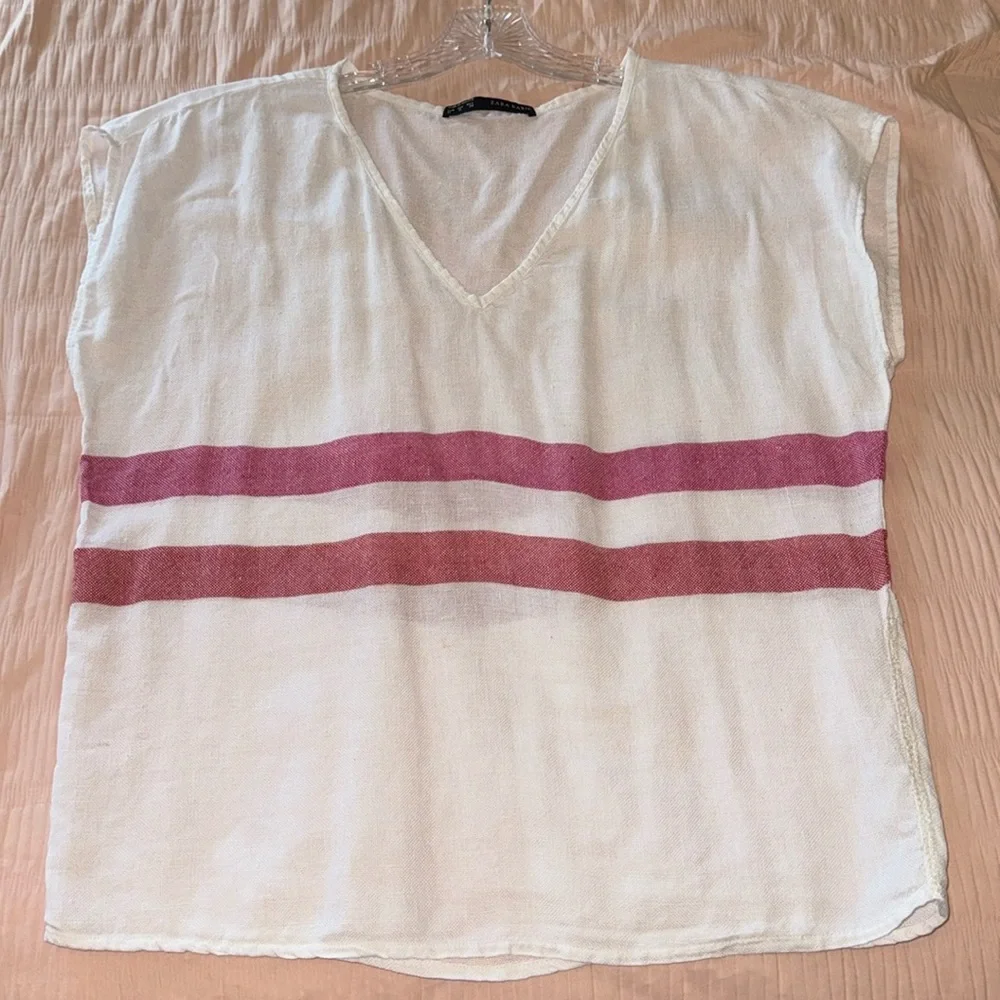 Zara 100% Linen V-Neck Top White, Red Dual Stripe Lightweight Size M - Picture 5 of 14